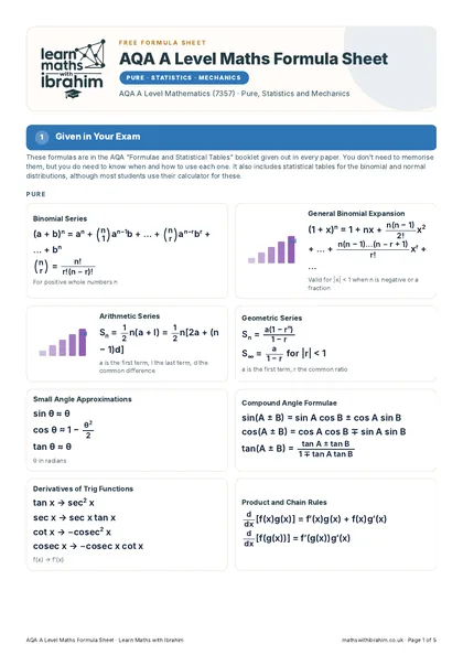 AQA A Level Maths Formula Sheet
