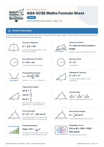 AQA GCSE Maths Formula Sheet