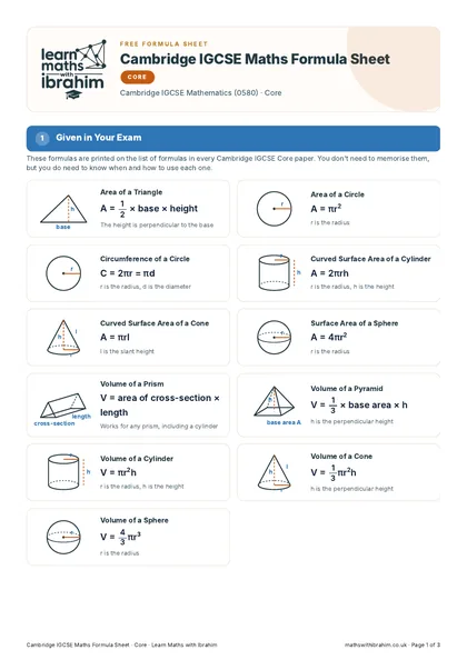 Cambridge IGCSE Maths Formula Sheet, Core