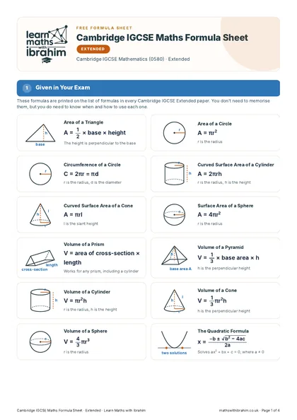 Cambridge IGCSE Maths Formula Sheet