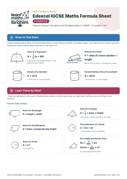 Edexcel IGCSE Maths Formula Sheet, Foundation
