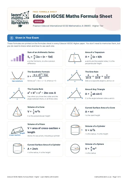 Edexcel IGCSE Maths Formula Sheet