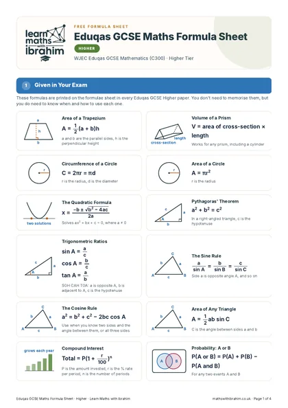 Eduqas GCSE Maths Formula Sheet
