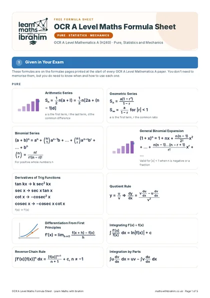 OCR A Level Maths Formula Sheet