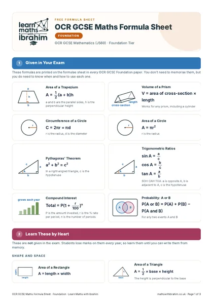 OCR GCSE Maths Formula Sheet, Foundation