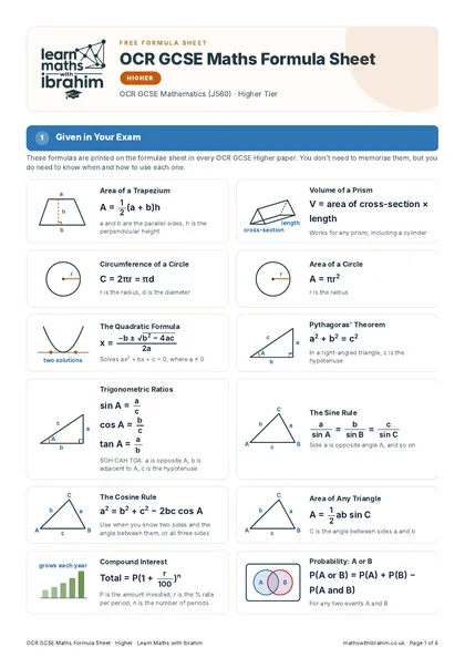 OCR GCSE Maths Formula Sheet