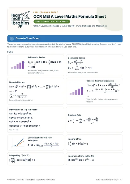 OCR MEI A Level Maths Formula Sheet