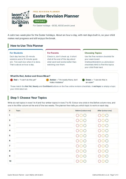 Easter Revision Planner, first page