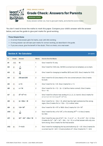 GCSE Maths Grade Check · Answers for Parents, first page