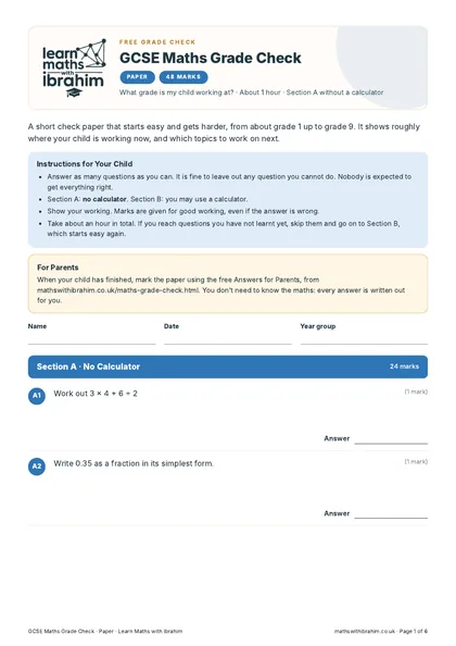 GCSE Maths Grade Check · Paper, first page