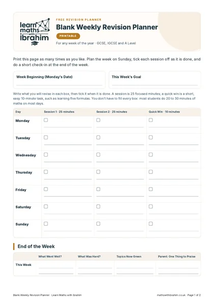 Blank Weekly Revision Planner, first page